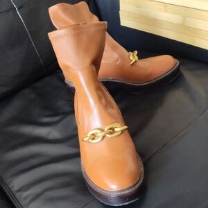 Coach Tan Leather Ankle Boots with Gold Chain